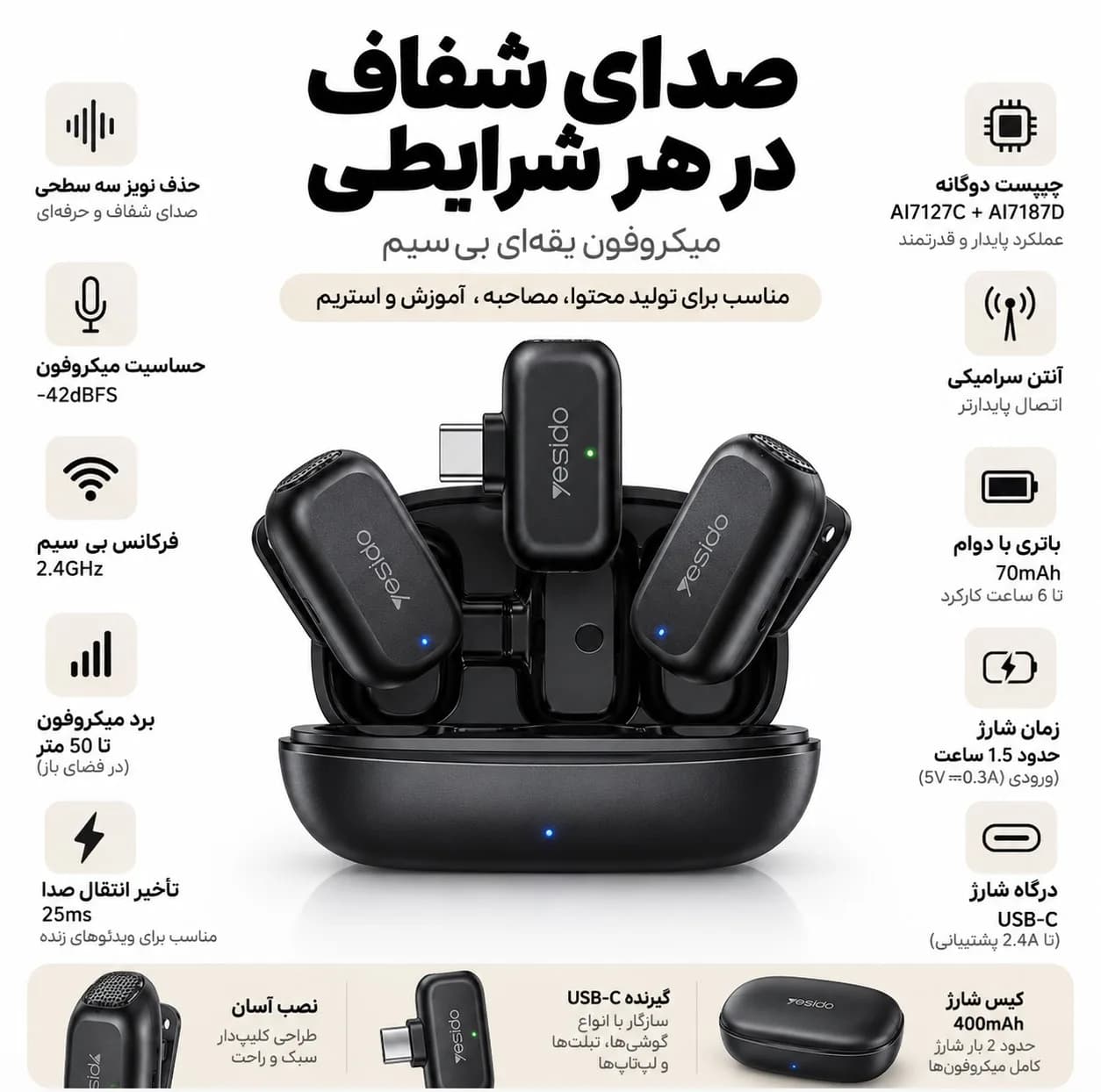 میکروفون یقه ای یسیدو مدل KR22 با درگاه اتصال Type-C — تصویر ۶