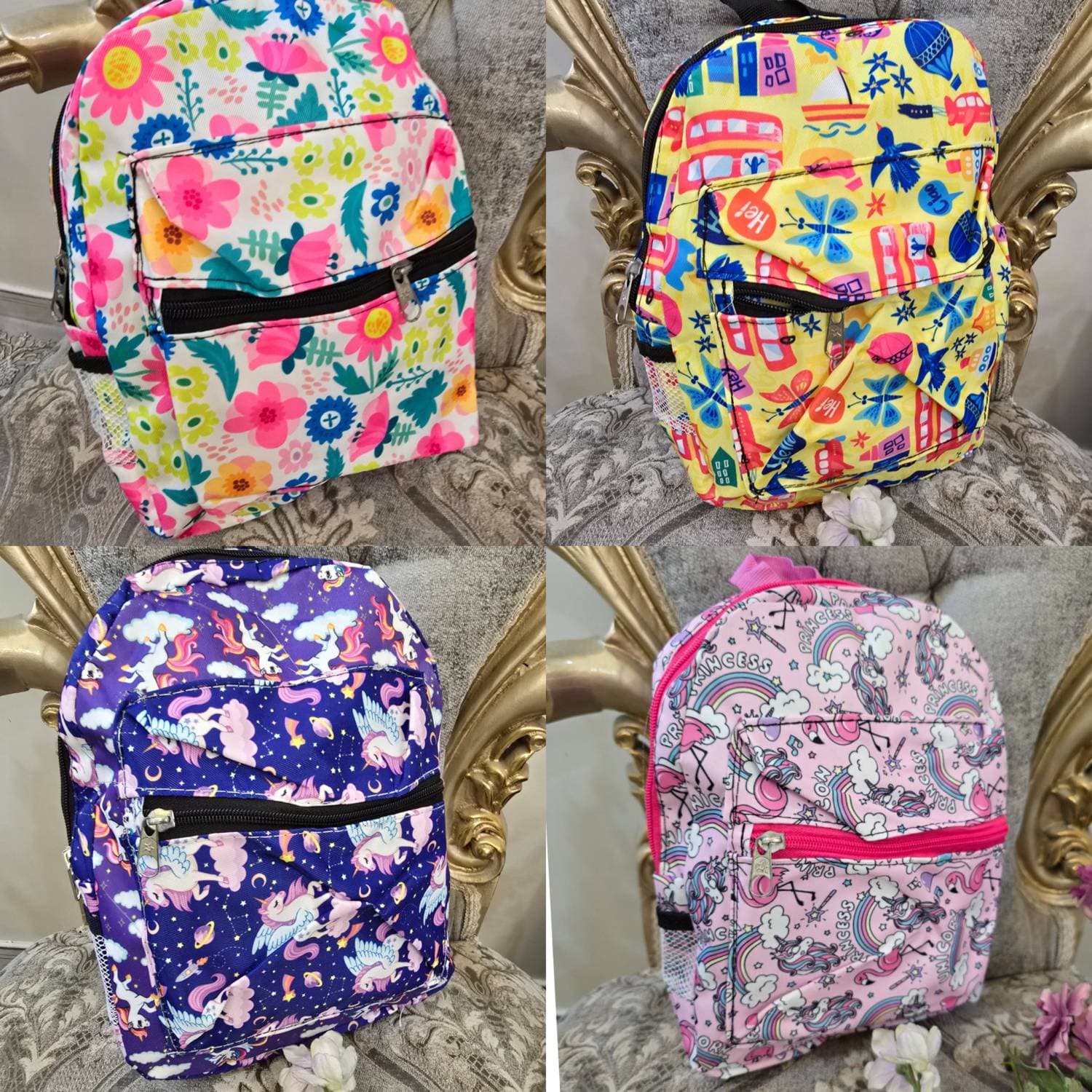 کوله پشتی مهدکودک طرح اتوبوس، پارچه برزنتی خارجی، دخترانه (کد: 23713)