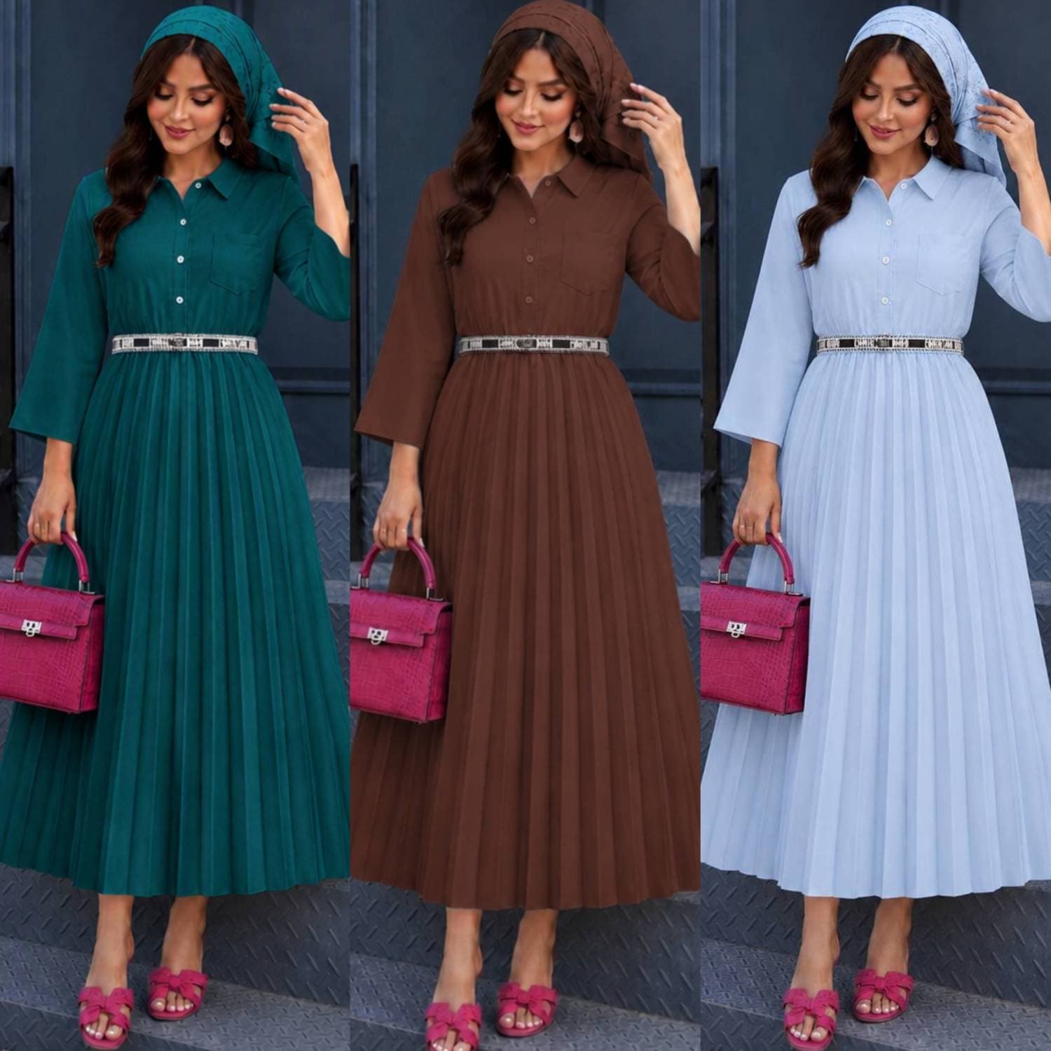 پیراهن زنانه سالیوان چین‌دار یقه‌دار، پارچه مازراتی، سایز فری (کد: 23298)