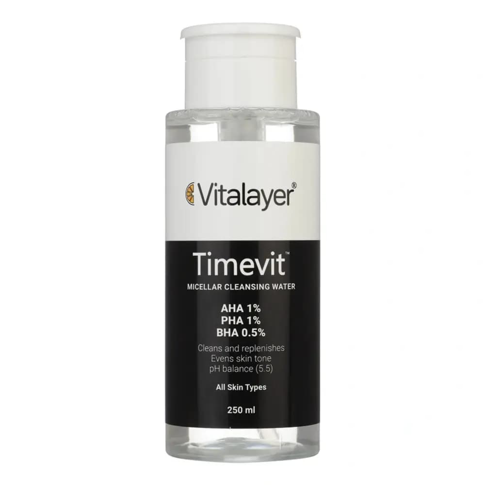 محلول پاک‌کننده آرایش میسلار ویتالیر سری Timevit مناسب انواع پوست حجم ۲۵۰ میلی‌لیتر