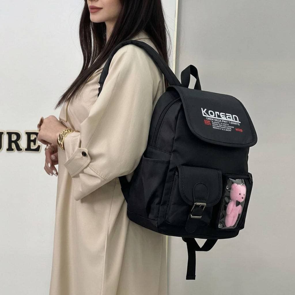 کوله پشتی زنانه کرهای Korean با آویز خرسی، جنس چرم (کد: 23226) — تصویر ۳