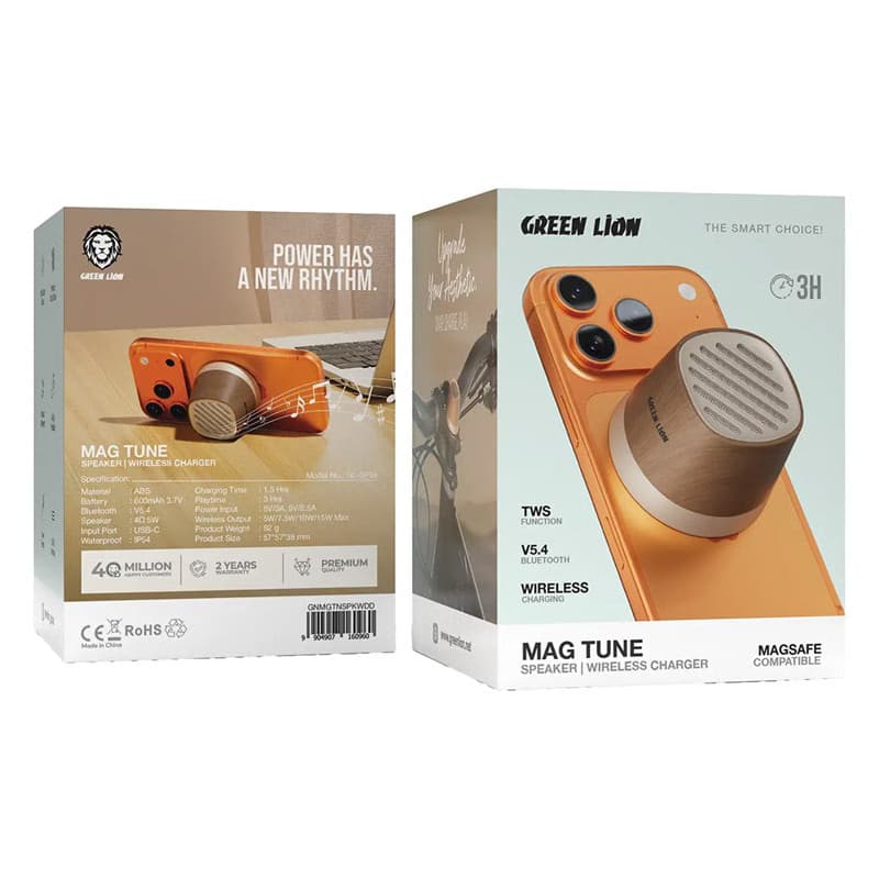 اسپیکر بلوتوثی و شارژر وایرلس گرین لاین مدل Mag Tune Mini (قهوه‌ای) — تصویر ۲