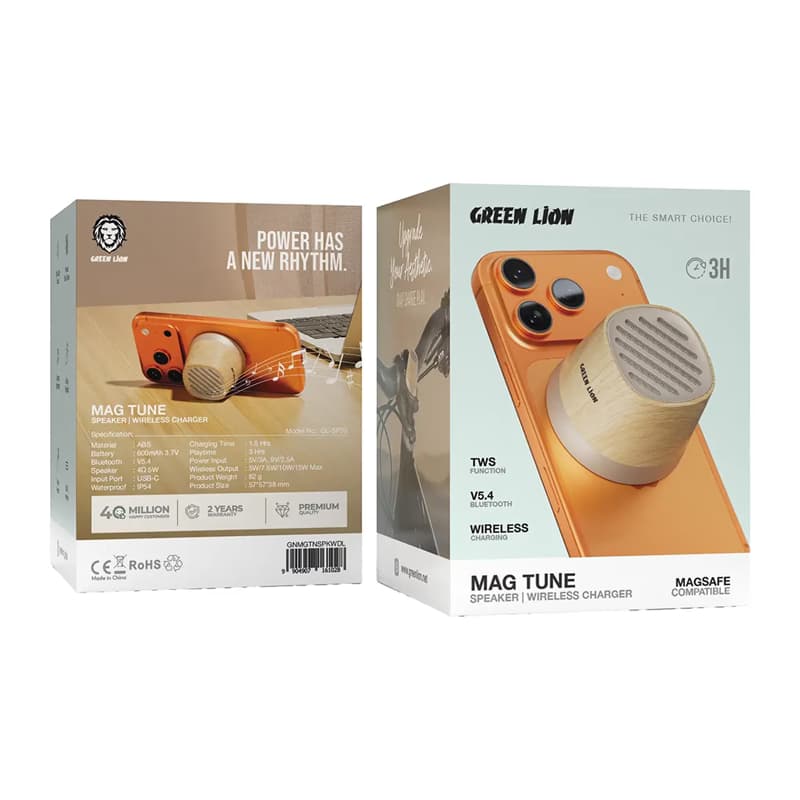 اسپیکر بلوتوثی و شارژر وایرلس گرین لاین مدل Mag Tune Mini (قهوه‌ای روشن) — تصویر ۳