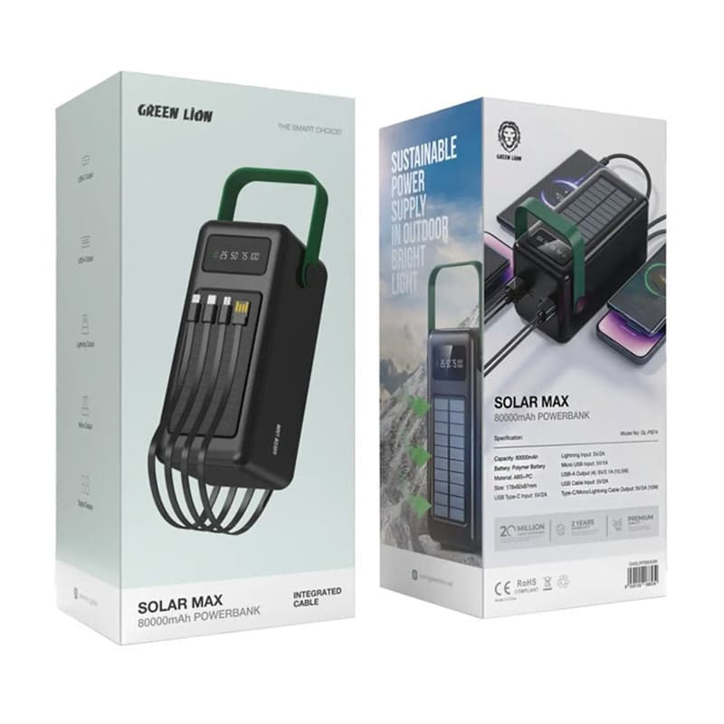 پاوربانک سولار گرین لاین 80000 میلی‌آمپر 10.5 وات مدل GL-PB74 SOLAR MAX با 4 کابل متصل (مشکی) — تصویر ۳