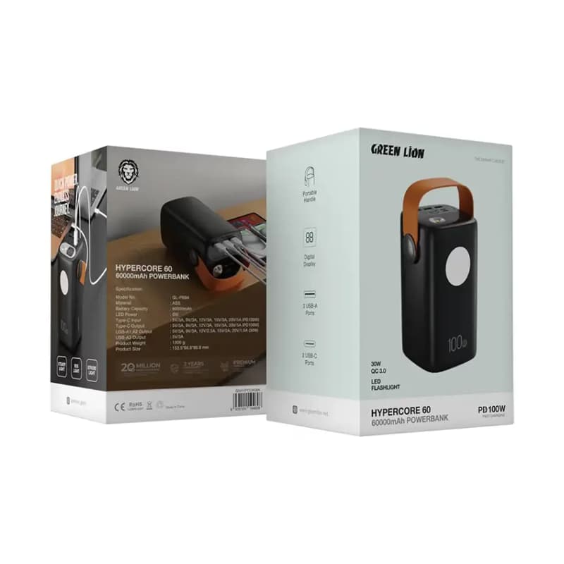 پاوربانک گرین لاین 60000 میلی‌آمپر 100 وات مدل GL-PB94 HYPERCORE 60 دارای چراغ قوه (مشکی) — تصویر ۲