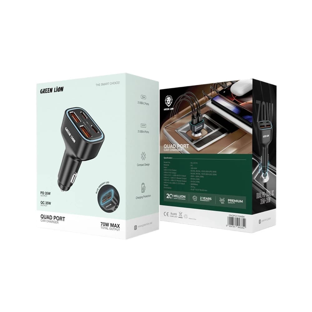 شارژر فندکی خودرو چهار پورت گرین Green Lion Quad Port 70W Car Charger کد 1216