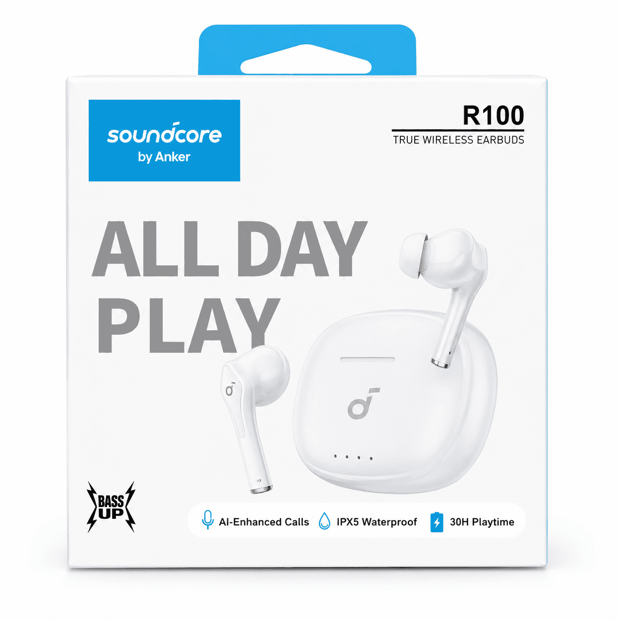 هندزفری بلوتوثی انکر Soundcore R100 سفید | هدفون بیسیم TWS با صدای قدرتمند و BassUp — تصویر ۳