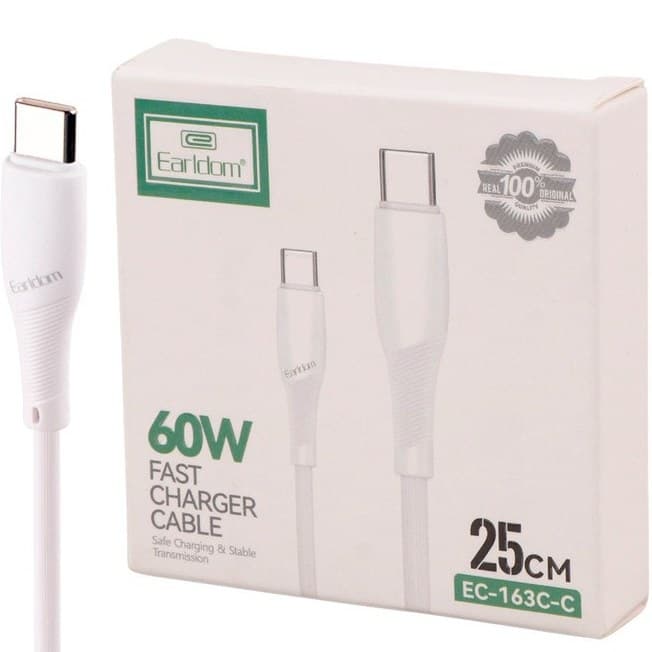 کابل کوتاه دو سر تایپ سی فست شارژ 60 وات ارلدام EC-163C-C طول 25 سانتی متر