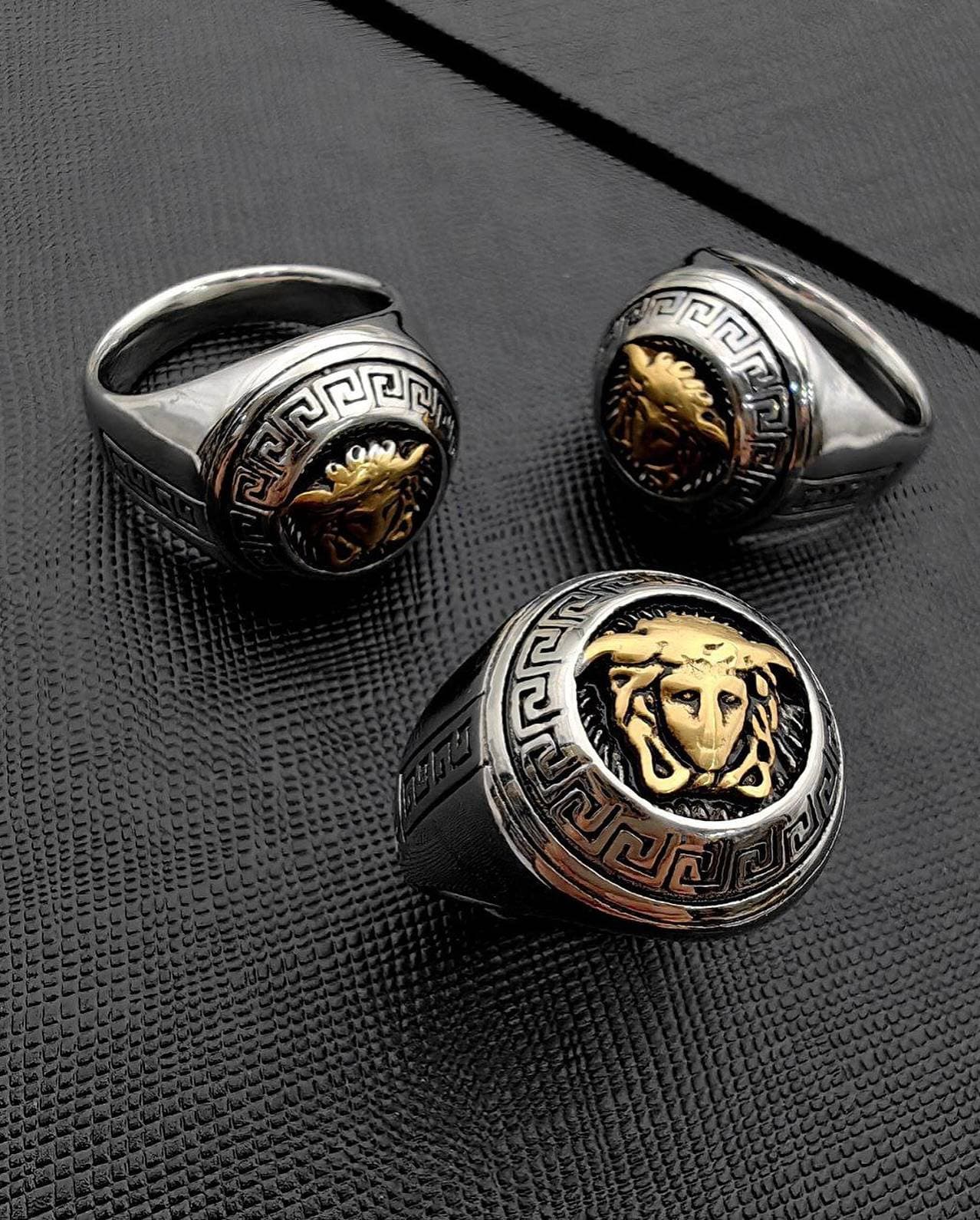 انگشتر مردانه استیل *VERSACE | طرح سر شیر طلایی | رنگ ثابت | کیفیت بالا