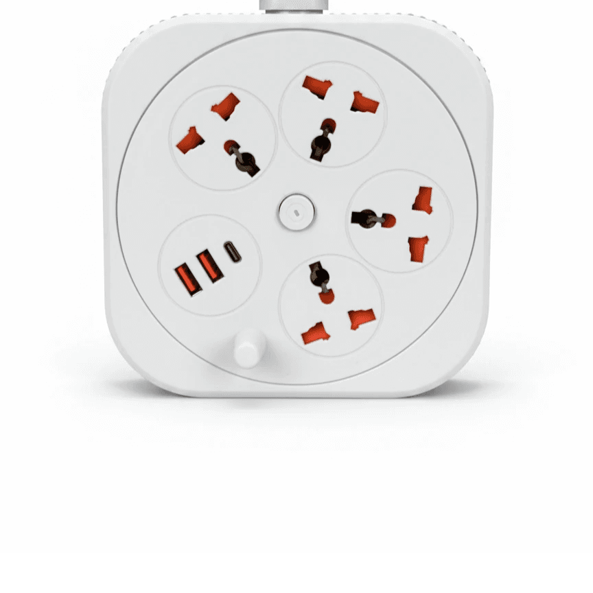 چندراهی برق چرخشی مدل A107 | سیم جمعشو 2 متری | 2500 وات | 4 پریز یونیورسال + 2 USB فست + تایپسی |