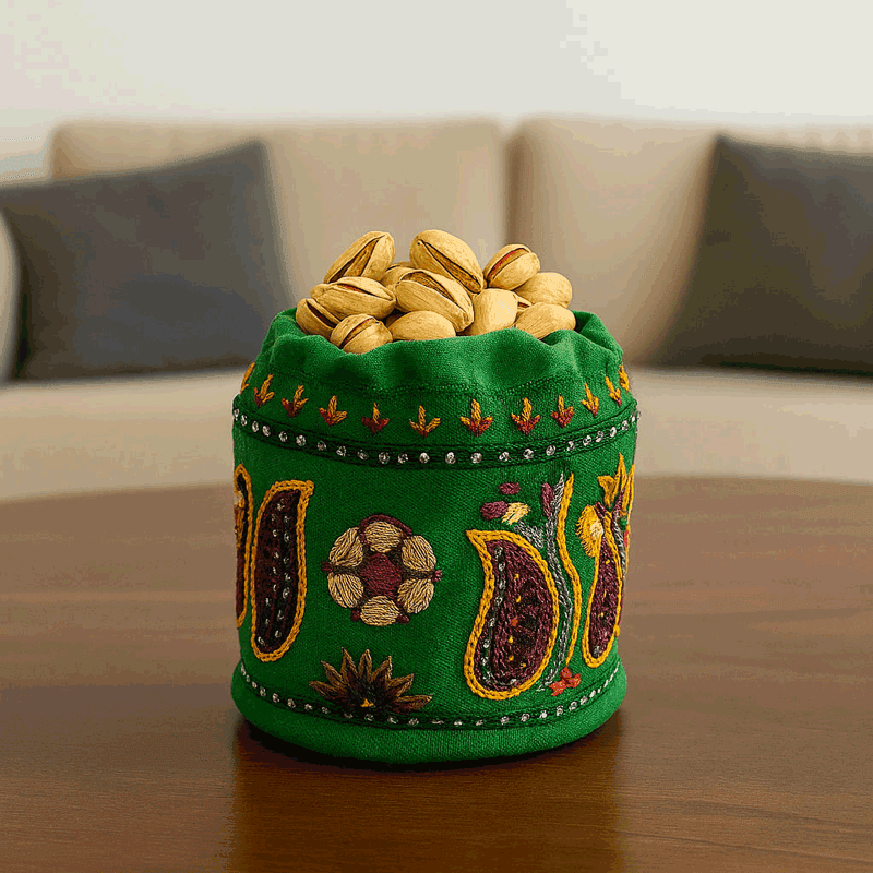 مفشو پته دوزی رنگ سبز طرح گل و بادام کدMF012 — تصویر ۳