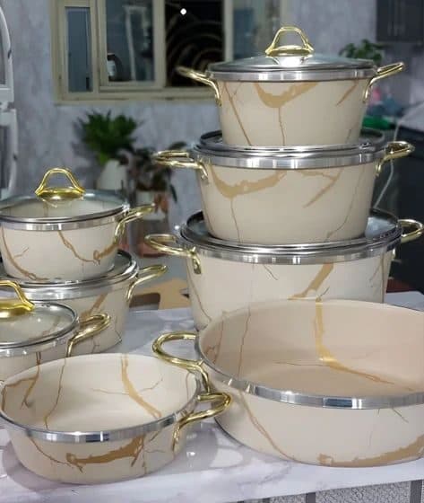 سرویس قابلمه ۱۴ پارچه گرانیتی هلنا طرح ماربل — تصویر ۴