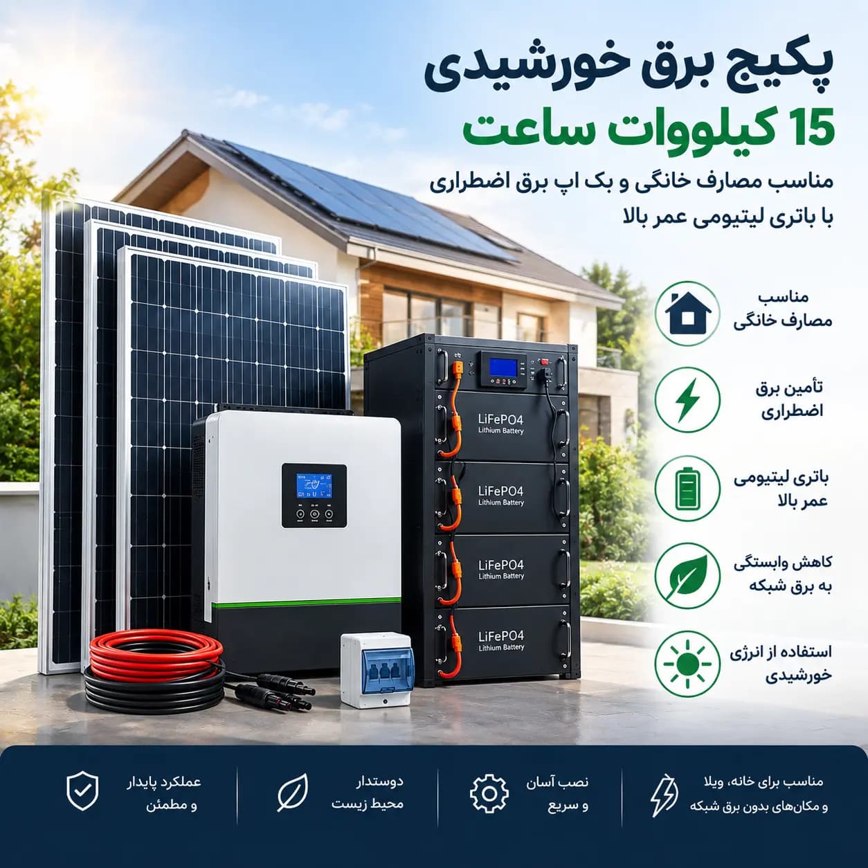 پکیج برق خورشیدی 15کیلووات ساعت همراه با پنل|مناسب مصارف خانگی و بک اپ برق اضطراری|باتری لیتیومی عمر بالا