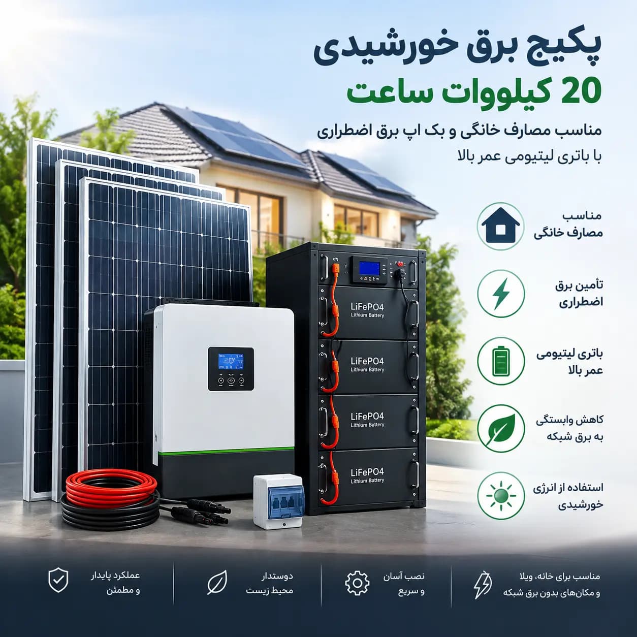 پکیج برق خورشیدی 20 کیلووات ساعت بدون پنل|مناسب مصارف خانگی و بک اپ برق اضطراری|باتری لیتیومی عمر بالا