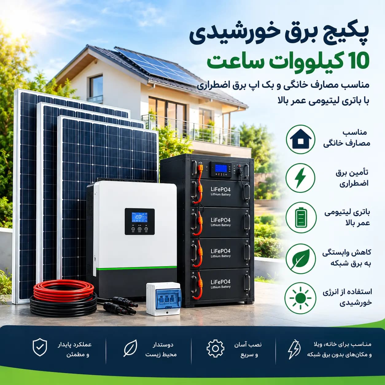 پکیج برق خورشیدی 10 کیلووات ساعت بدون پنل| مناسب مصارف خانگی و بک اپ برق اضطراری| باتری لیتیومی عمر بالا