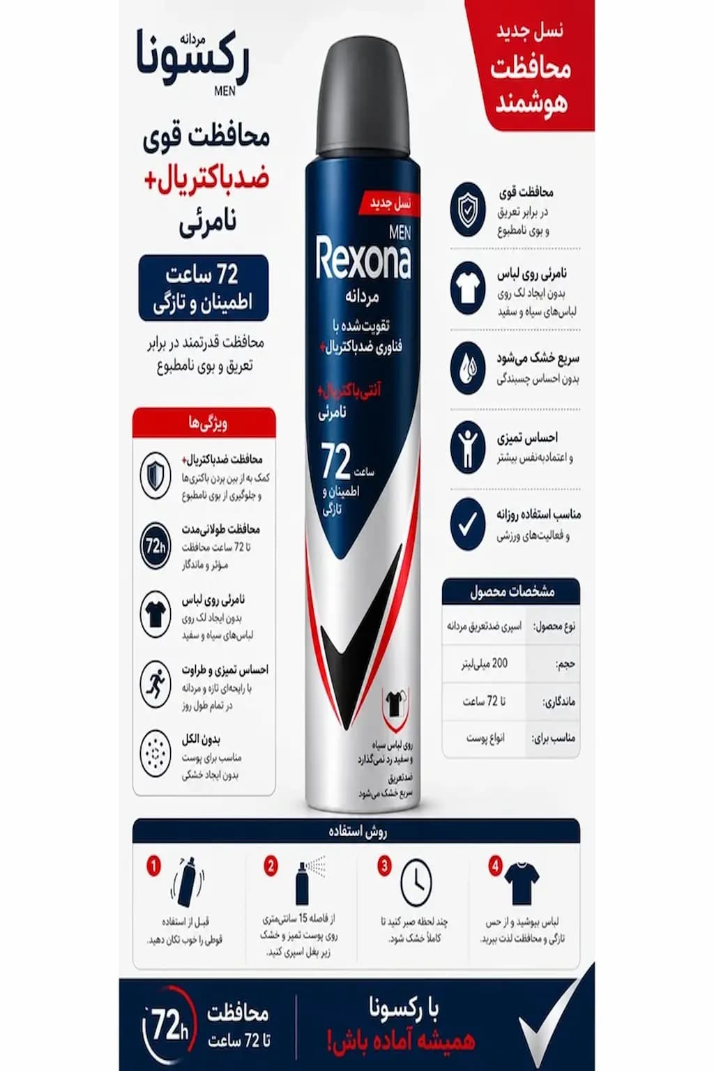 اسپری ضدتعریق مردانه رکسونا مدل Invisible Antibacterial حجم 200 میلی‌لیتر(اورجینال) — تصویر ۲