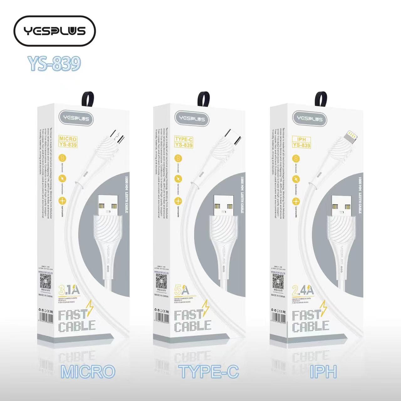 کابل فست شارژ و انتقال دیتا تایپ سی type c 5A یس پلاس | خرید کابل عمده Yesplus YS-839
