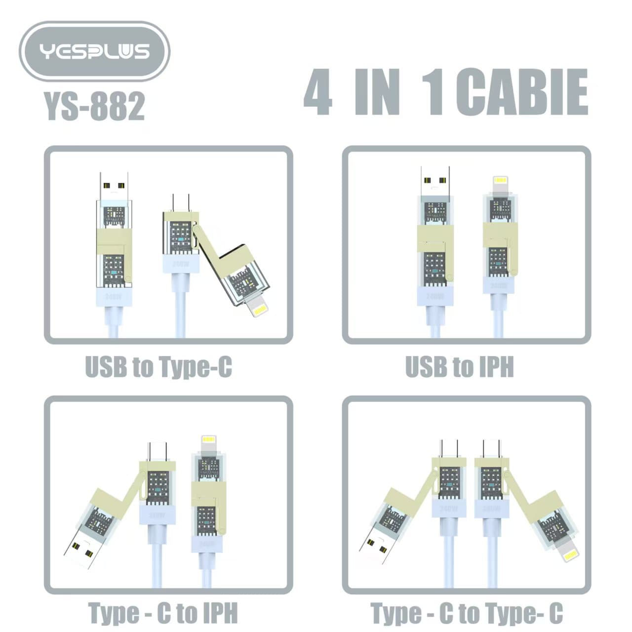 کابل 4 کاره فست شارژ 240W یس پلاس | Yesplus YS-882 — تصویر ۳