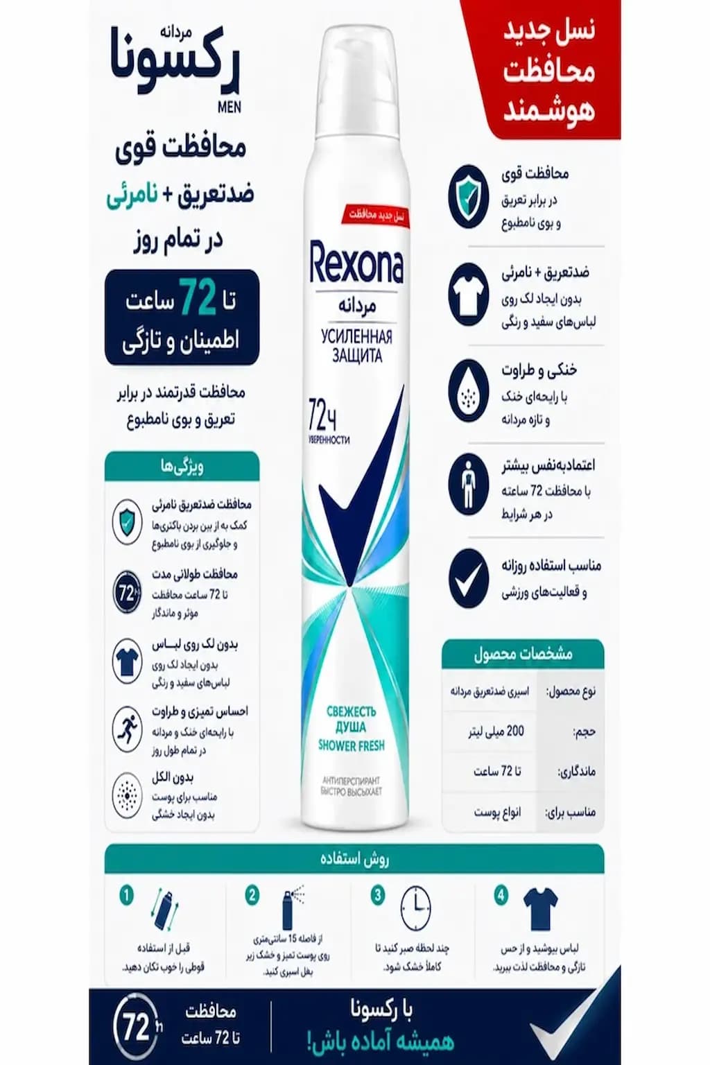 اسپری ضدتعریق زنانه رکسونا مدل Fresh Shower حجم 200 میلیلیتر(اورجینال) — تصویر ۲