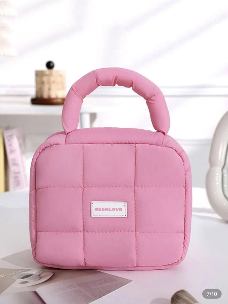 کیف آرایشی دسته‌دار پافر صورتی (Quilted Makeup Bag) مدل Beenlove