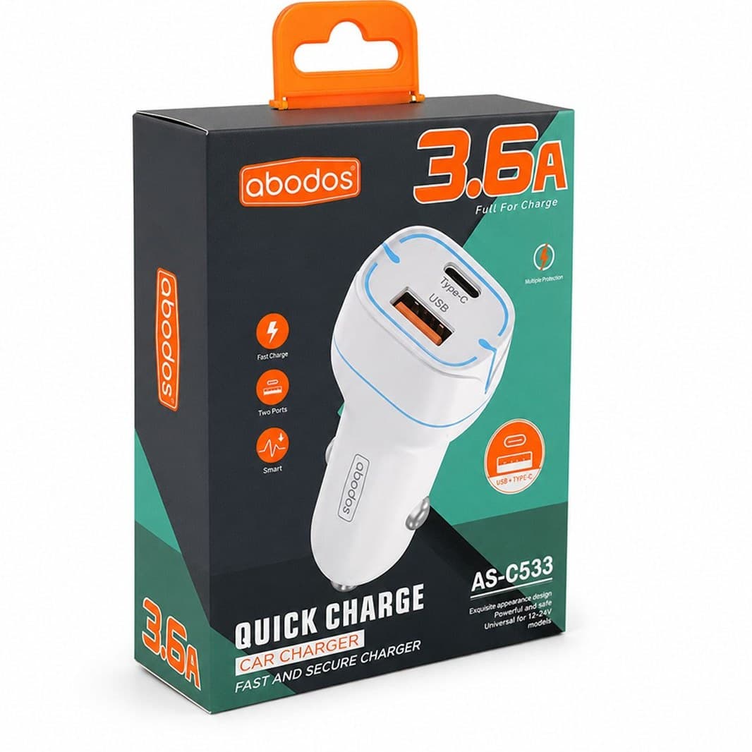 شارژر فندکی آبودوس مدل AS-GS33 | دو پورت USB و Type-C به همراه کابل Type-C
