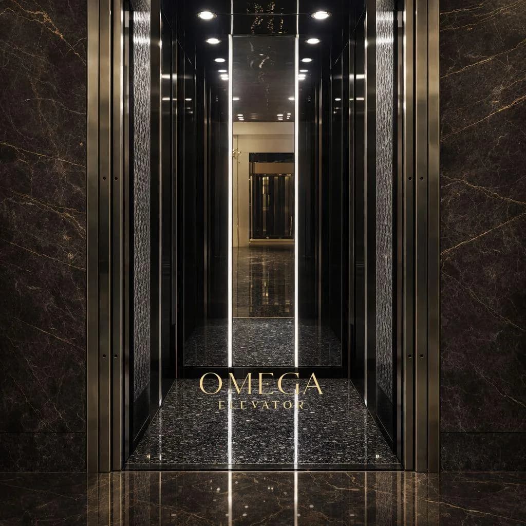کابین آسانسور استیل طرح چرم و دودی با لاین نوری