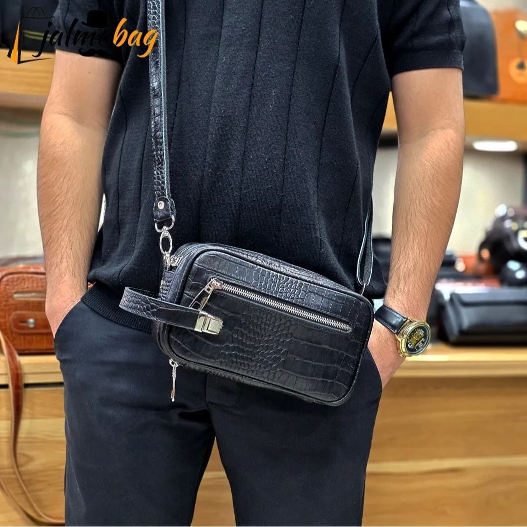 کیف دستی و دوشی چرم طبیعی گاوی دو خانه مدل شوزبگ — تصویر ۳