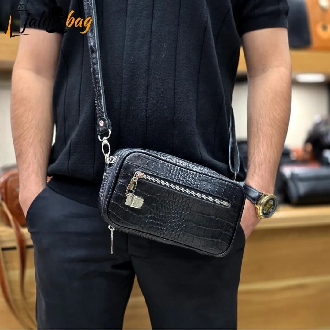 کیف دستی و دوشی چرم طبیعی گاوی دو خانه مدل شوزبگ — تصویر ۵
