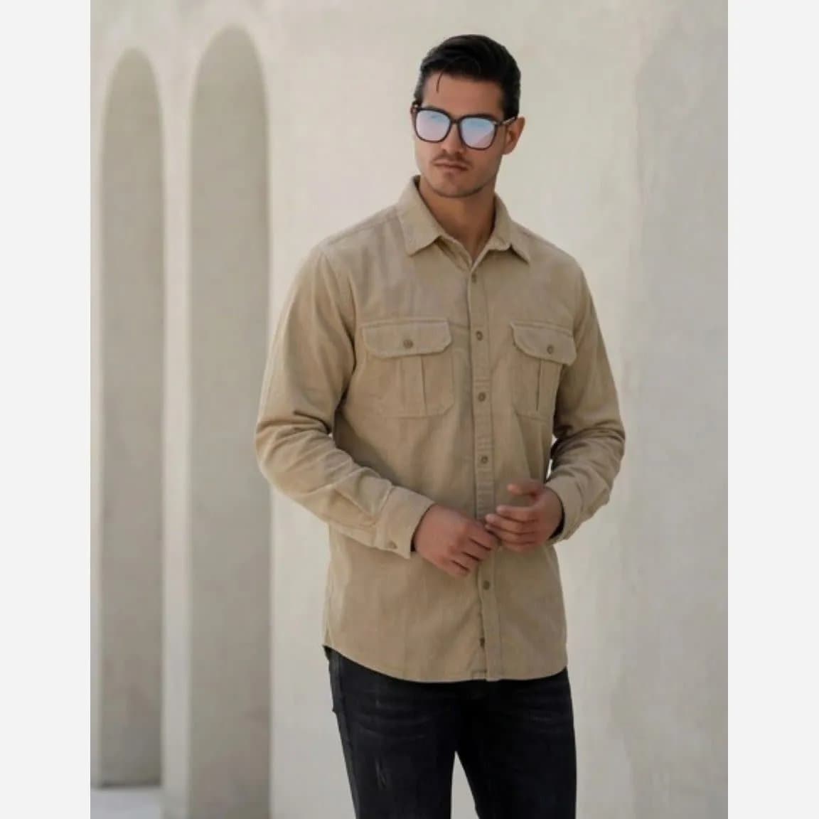 پیراهن کتان مردانه مدل یاشیل رنگ خاکی — تصویر ۳