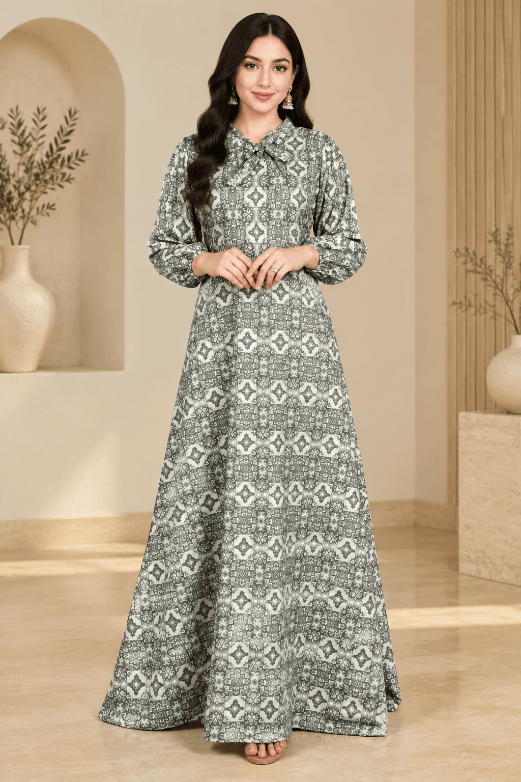 پیراهن زنانه بلند کرپ بوگاتی رنگ کرم سبز 409575
