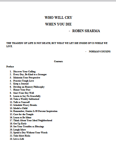 کتاب Who Will Cry When You Die? (وقتی بمیری چه کسی برایت گریه خواهد کرد؟) نسخه انگلیسی PDF | رابین شارما
