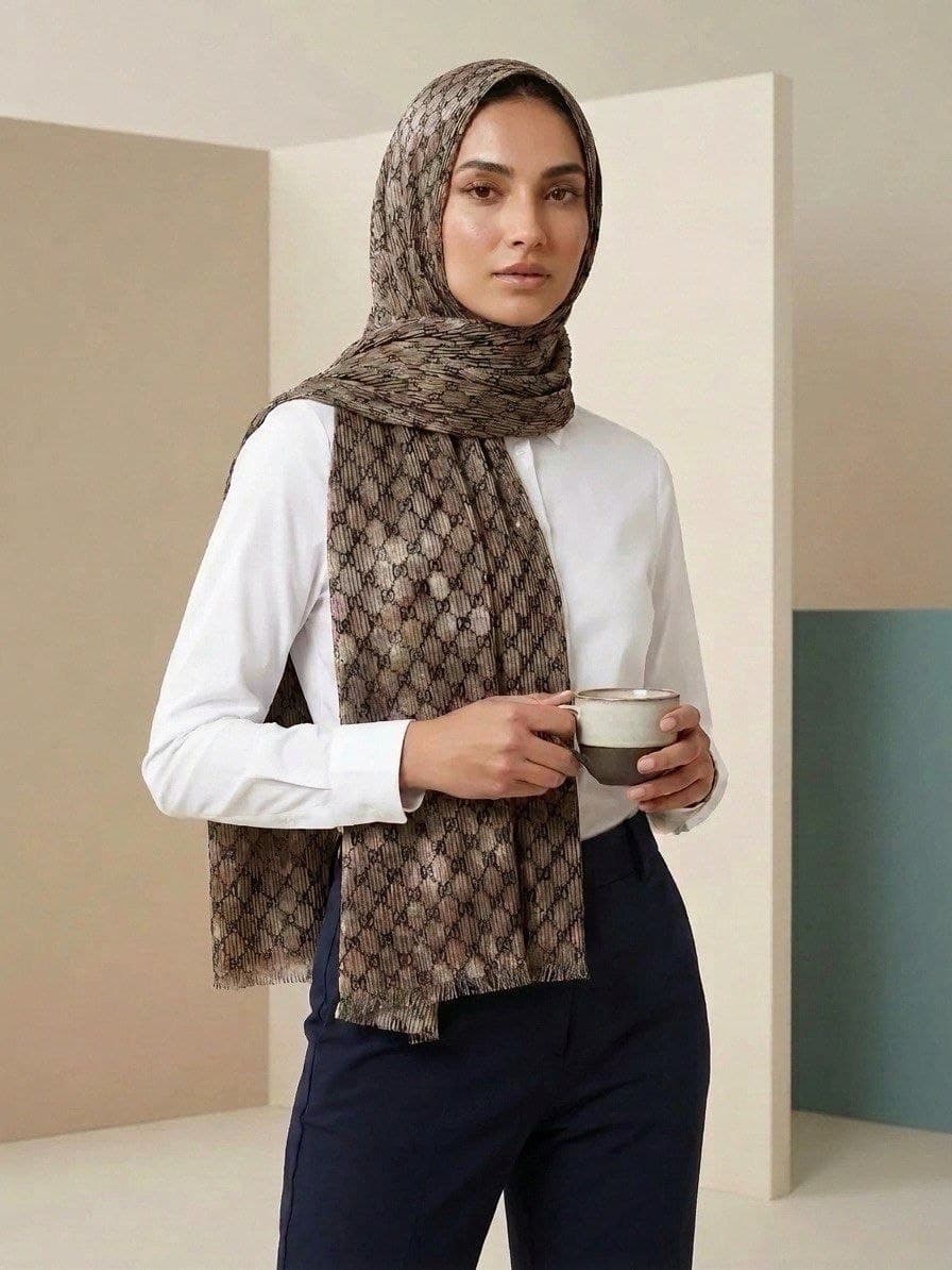 شال کشی چاپی چینی پلیسه ریز | لب‌ریش | لطیف و خوش‌ایست — تصویر ۲