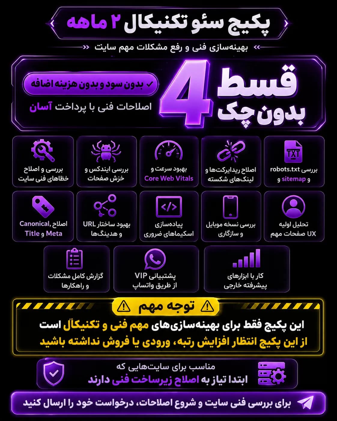 پکیج سئو قسطی تکنیکال ۲ ماهه با پرداخت ۴ قسط بدون چک