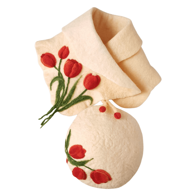 Felt Set Hat & Collar Shawel A Tulip Design – Hoorfelt Brand — تصویر ۳