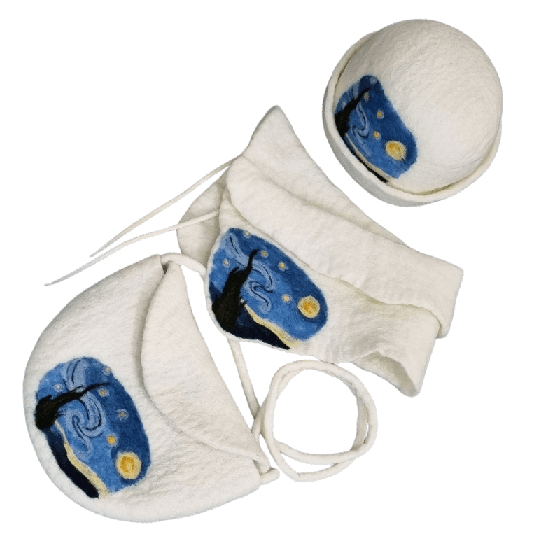 Felt Set Hat, Collar Shawel & Half-Circle Bag A Starry Night Design – Hoorfelt Brand
