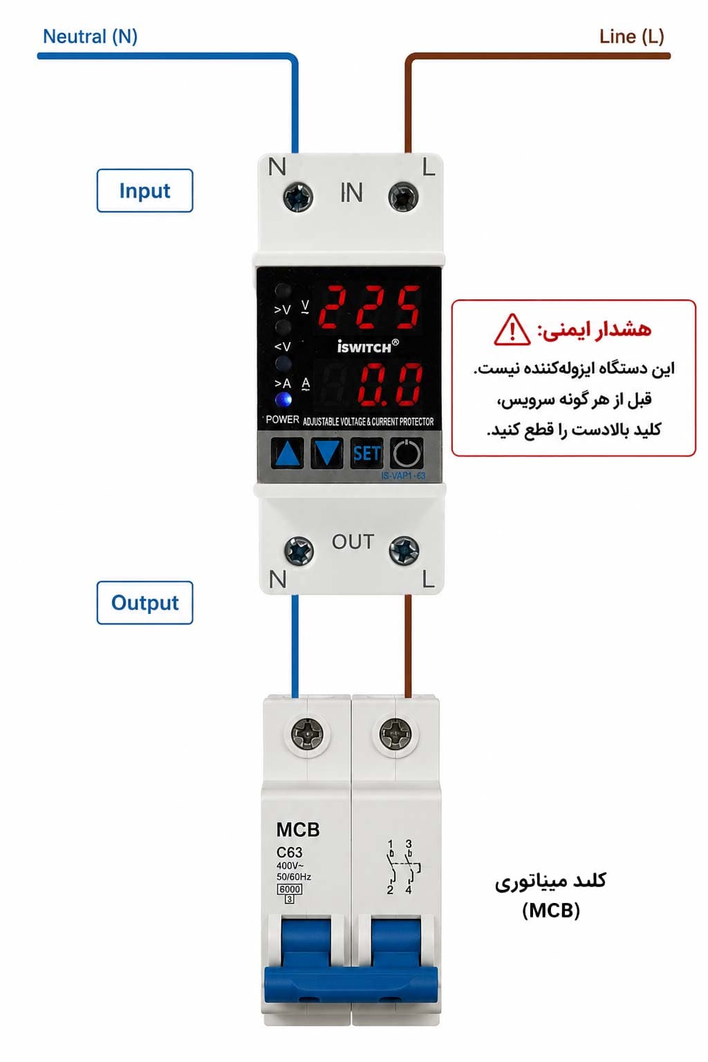محافظ هوشمند ولتاژ و جریان تک‌فاز JBH مدل CVP — تصویر ۵