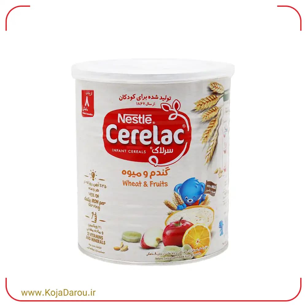 سرلاک گندم و میوه به همراه شیر نستله مناسب کودکان از پایان 8 ماهگی Nestle وزن 400 گرم