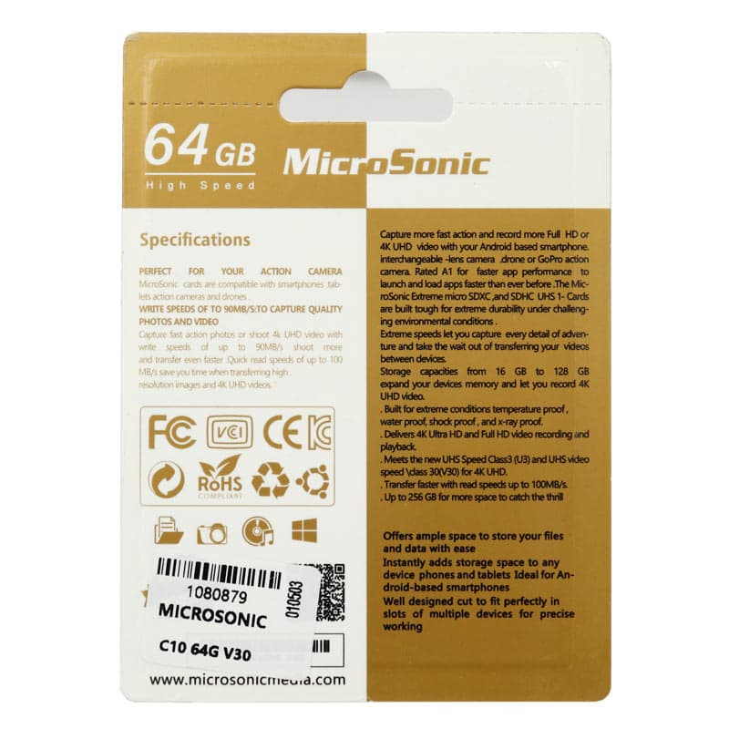 رم میکرو 64 گیگ میکروسونیک MicroSonic 533X V30 U3 C10 80MB/s — تصویر ۲
