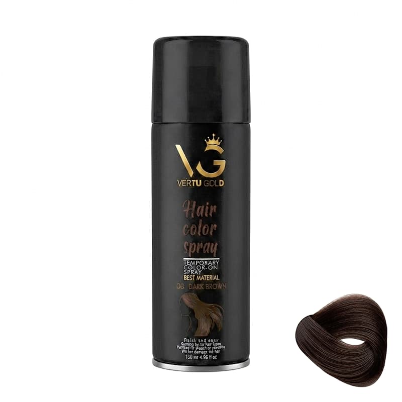 اسپری رنگ مو قهوه ای تیره ورتوگلد VERTU GOLD مدل 08 Dark Brown حجم 150 میلی لیتر