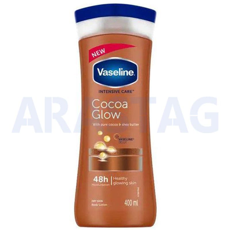 لوسیون بدن کاکائویی وازلین Vaseline مدل cocoa glow مناسب پوست خشک حجم 400 میلی