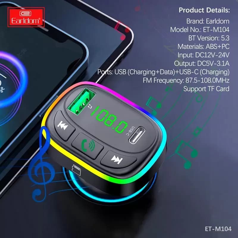 شارژر فندکی و اف ام پلیر بلوتوثی 15.5 وات ارلدام ET-M104 — تصویر ۷