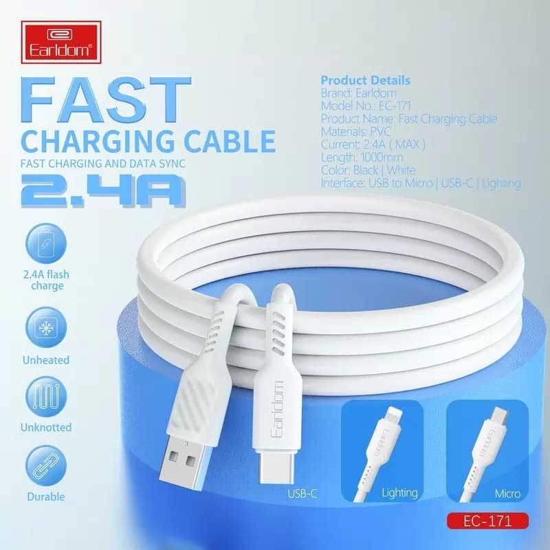 کابل تایپ سی فست شارژ 2.4 آمپر ارلدام EC-171C طول 1 متر — تصویر ۷