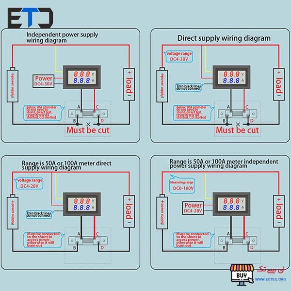 آمپرمتر ولتمتر DC روپنلی 100 آمپر 0v-100v شنت خور — تصویر ۱۰