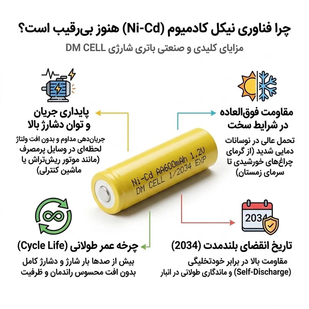 باتری قلم AA شارژی نیکل کادمیوم Ni-Cd | ظرفیت 600mAh ولتاژ 1.2V سرتخت DM CELL — تصویر ۳