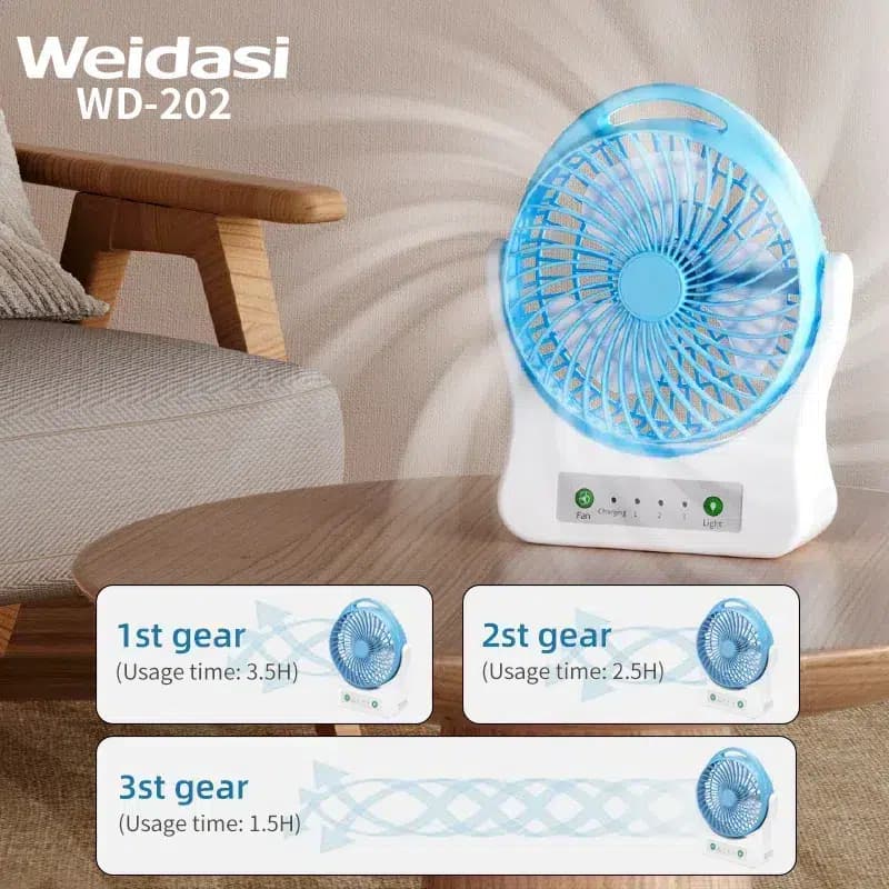 پنکه رومیزی شارژی ویداسی مدل WD-202 سه سرعته ، چراغ SMD و خروجی USB — تصویر ۶
