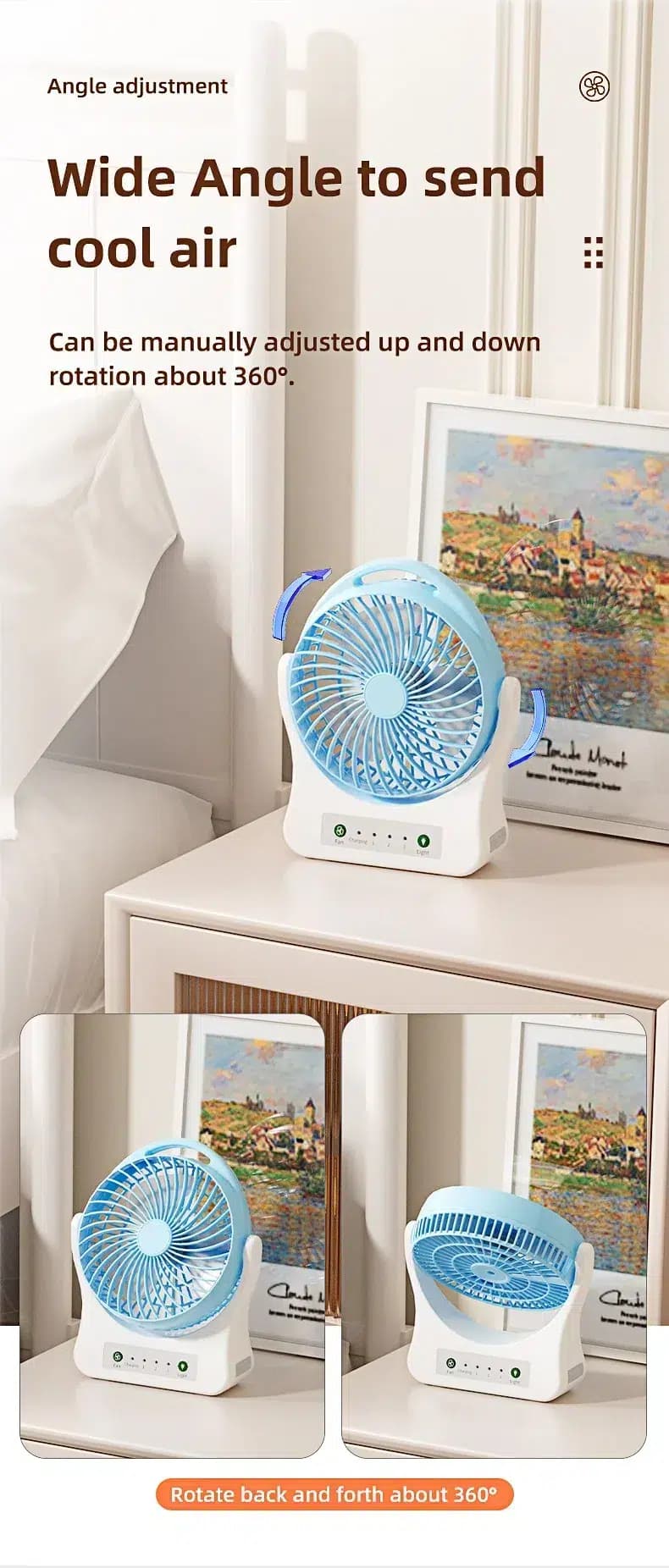 پنکه رومیزی شارژی ویداسی مدل WD-202 سه سرعته ، چراغ SMD و خروجی USB — تصویر ۵