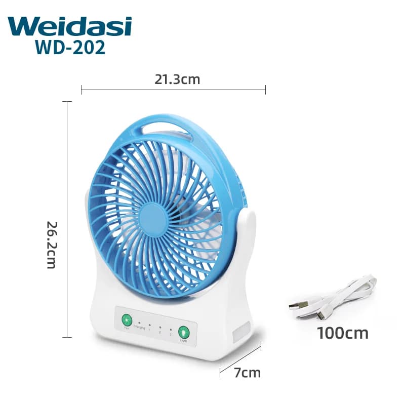 پنکه رومیزی شارژی ویداسی مدل WD-202 سه سرعته ، چراغ SMD و خروجی USB — تصویر ۷