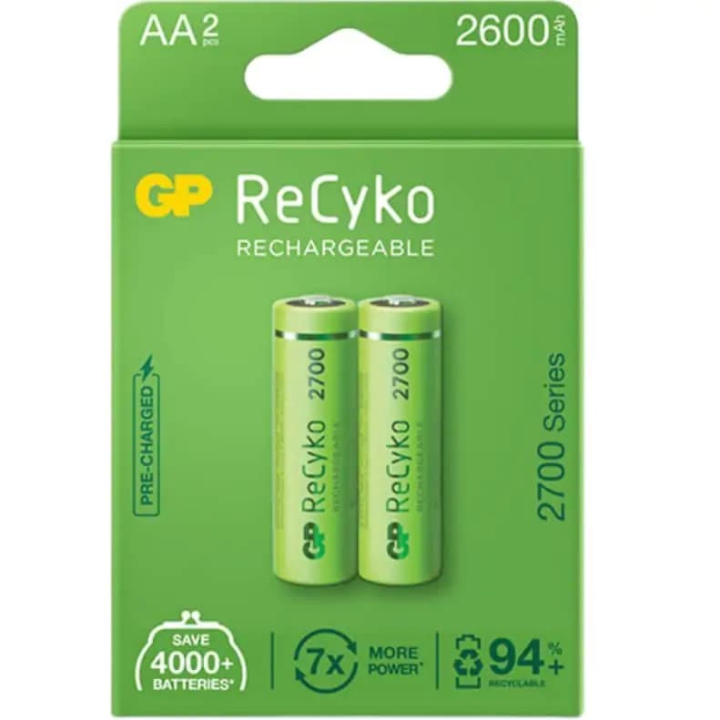 باتری قلمی قابل شارژ جی پی مدل Rechargeable Recyko 2700 بسته دو عددی
