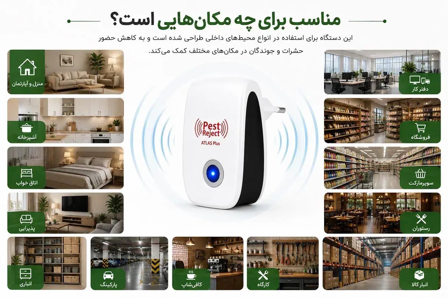 دستگاه دفع حشرات و موش اولتراسونیک مدل پریزی Pest Reject ATLAS Plus — تصویر ۴