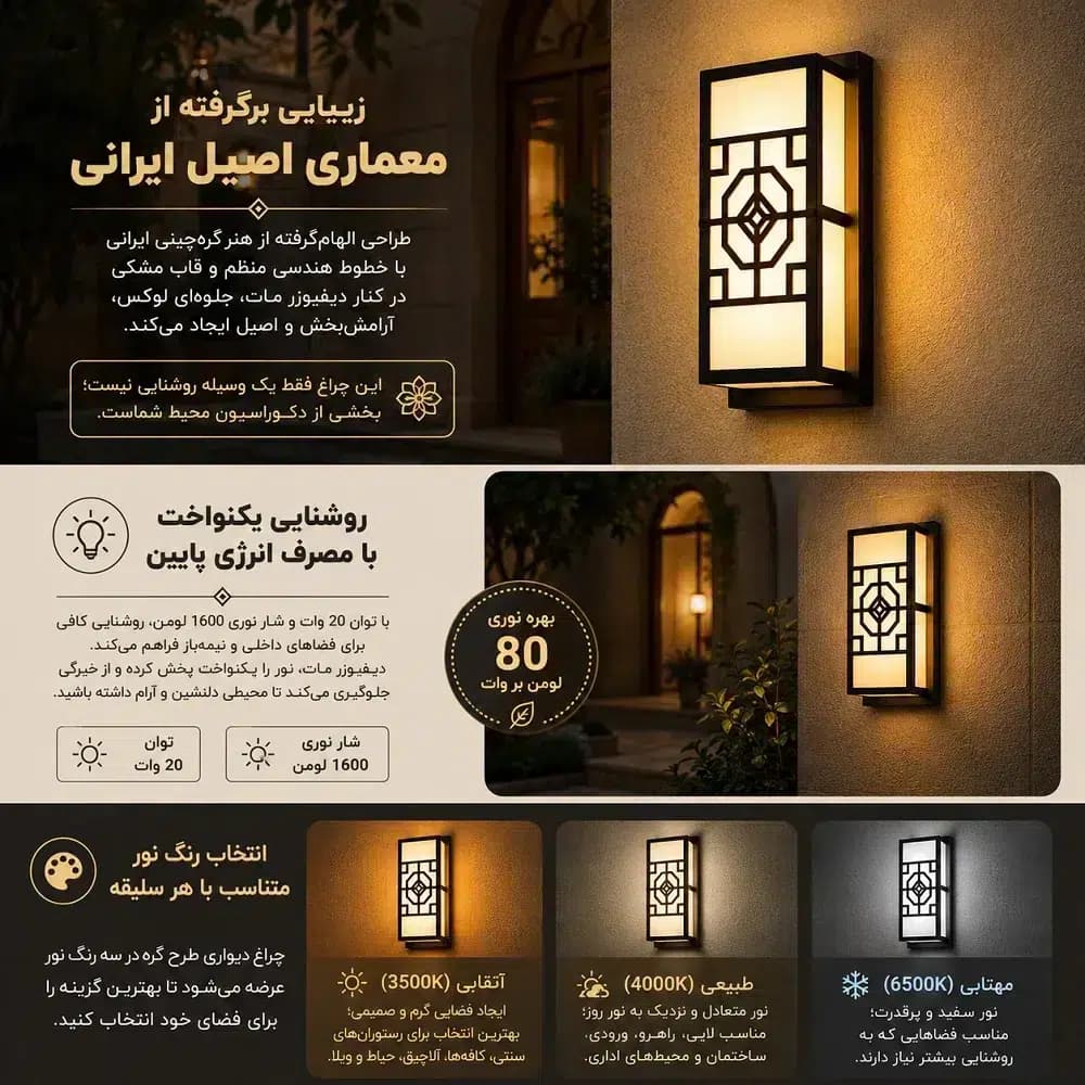 چراغ دیواری دکوراتیو طرح گره 20 وات | تلفیق هنر ایرانی با نورپردازی مدرن — تصویر ۳